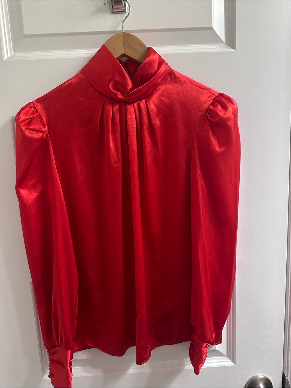Vintage Red Satin High-Neck Women's Blouse